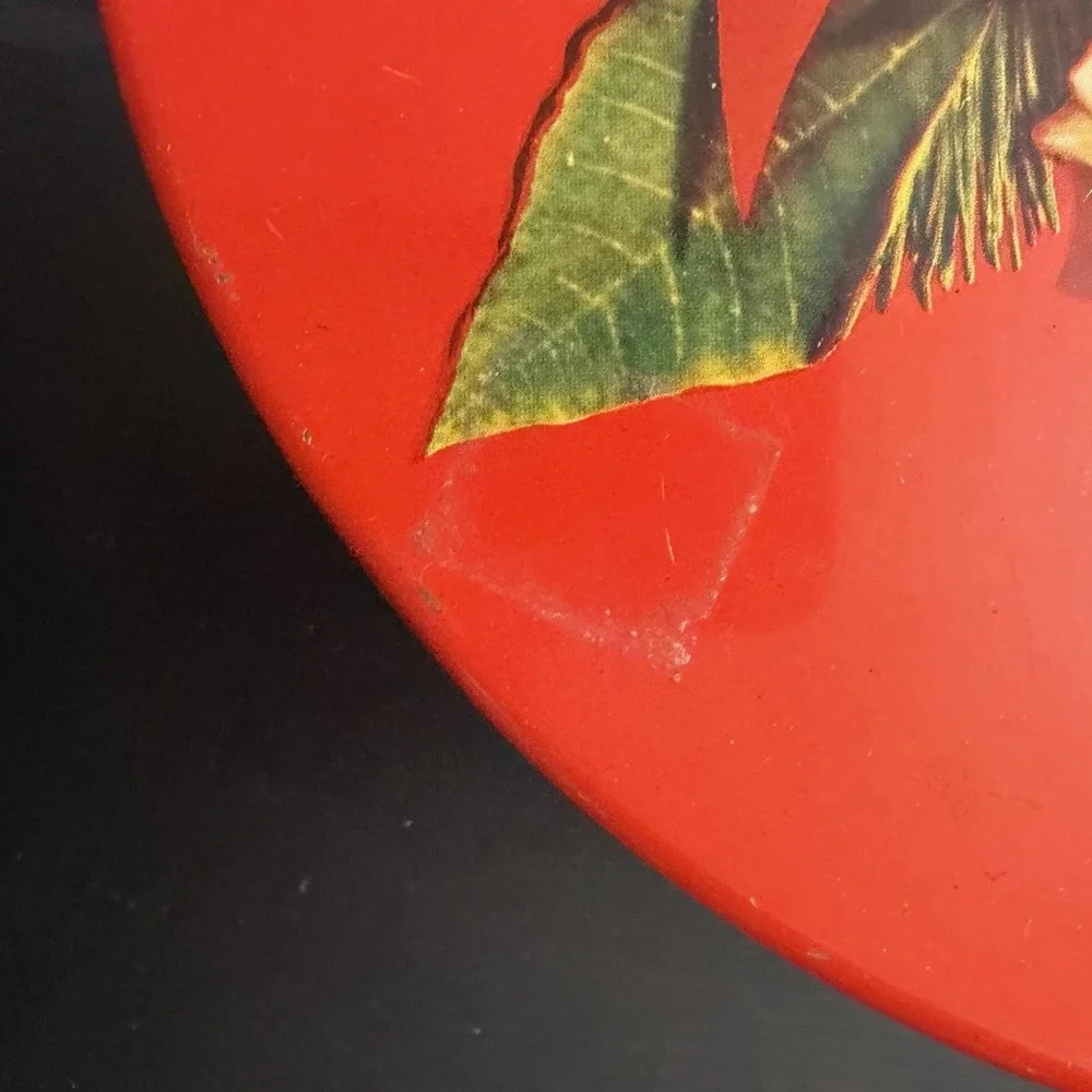 Vintage Christmas Poinsettias Round Metal Tin Red White Flowers Pine Bells